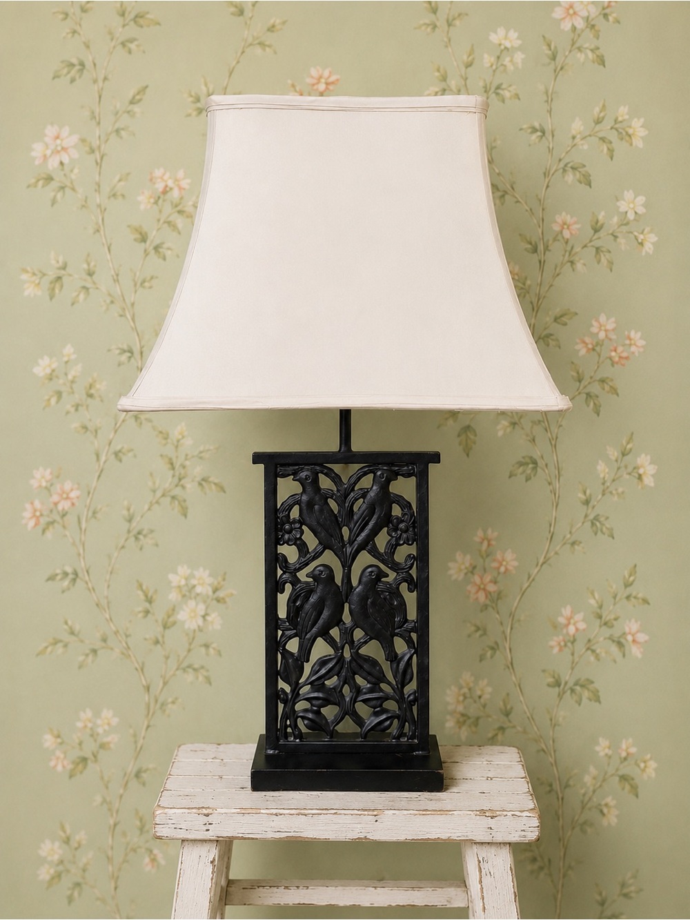Classic Black Bird-Decor Table Lamp with Cream Shade